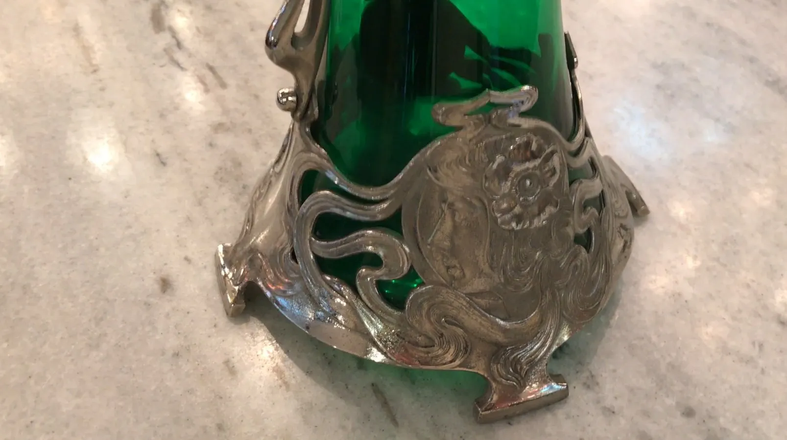 2 antique wmf jars with ornamental detail and green glass