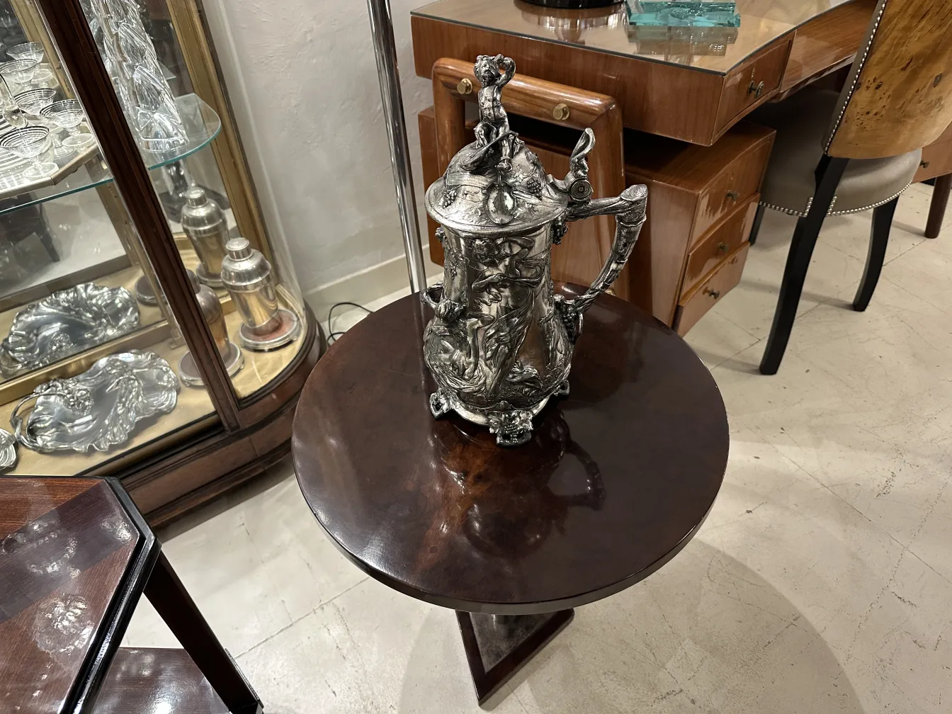 antique hot chocolate jug with decorative figures