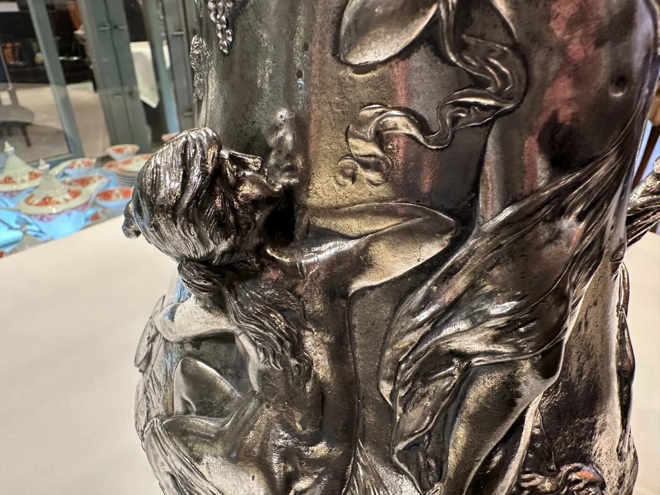 antique hot chocolate jug with decorative figures