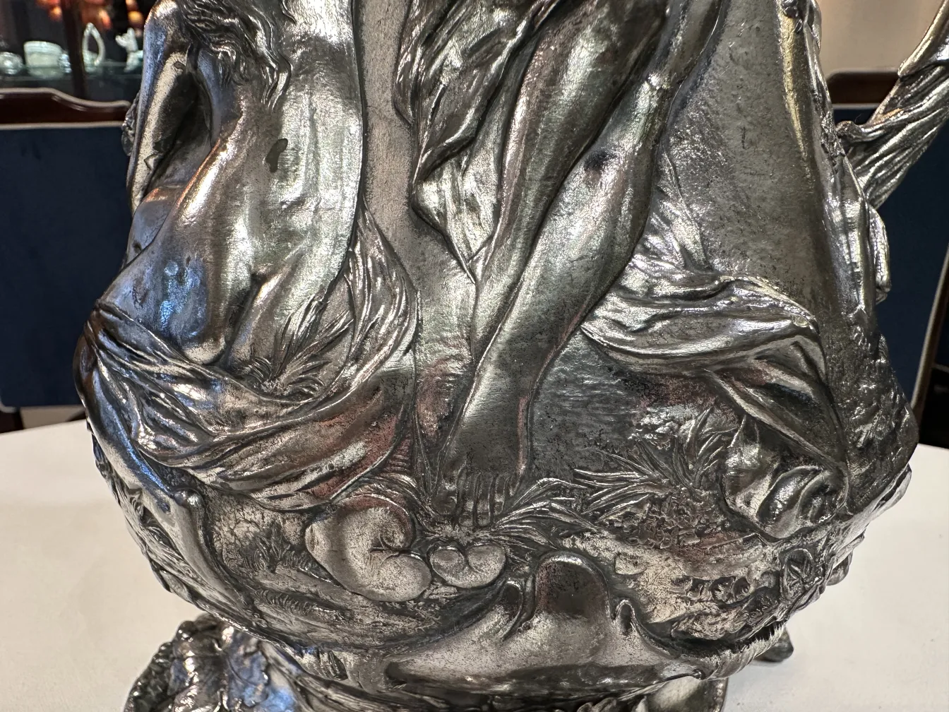 antique hot chocolate jug with decorative figures