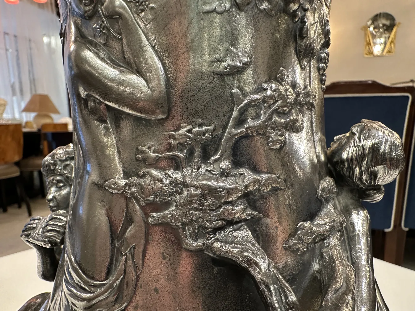 antique hot chocolate jug with decorative figures