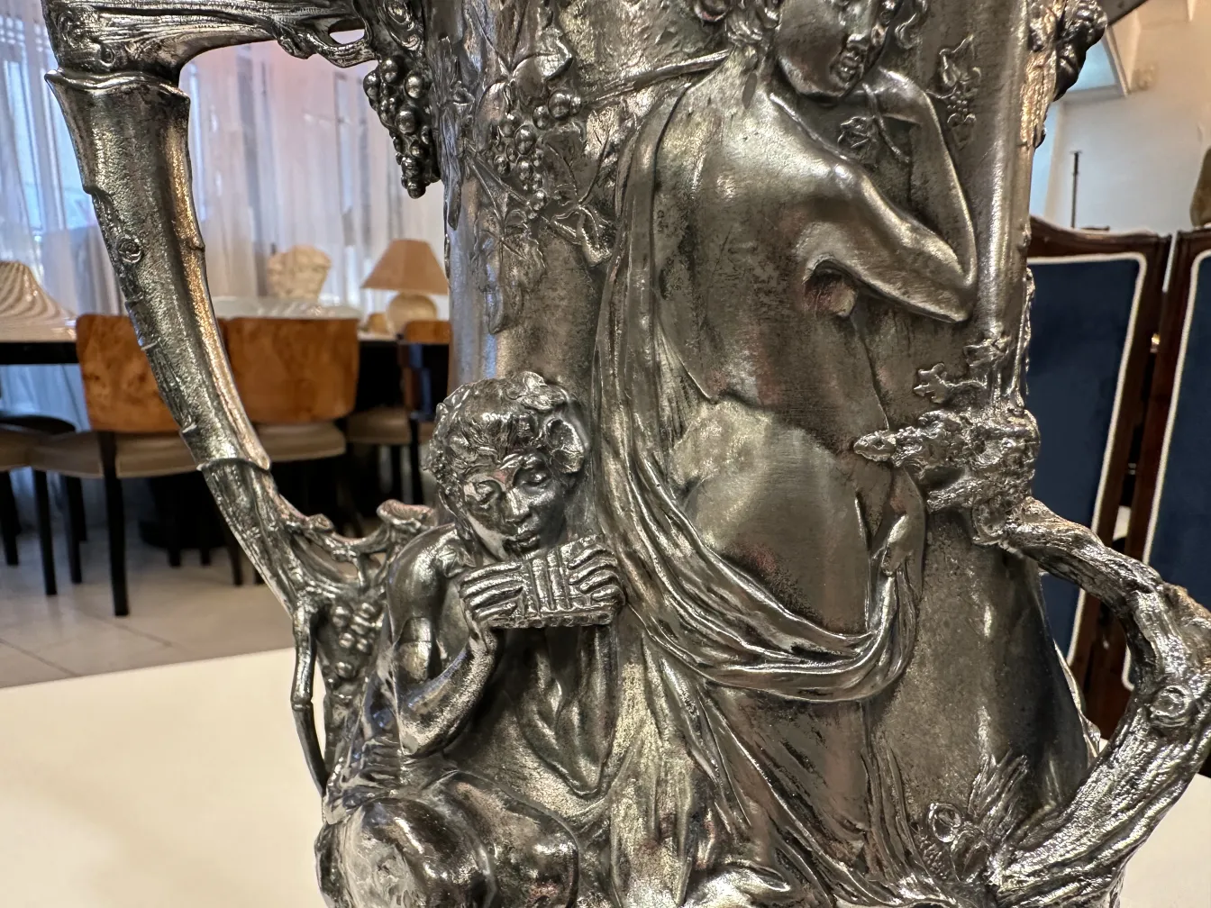 antique hot chocolate jug with decorative figures