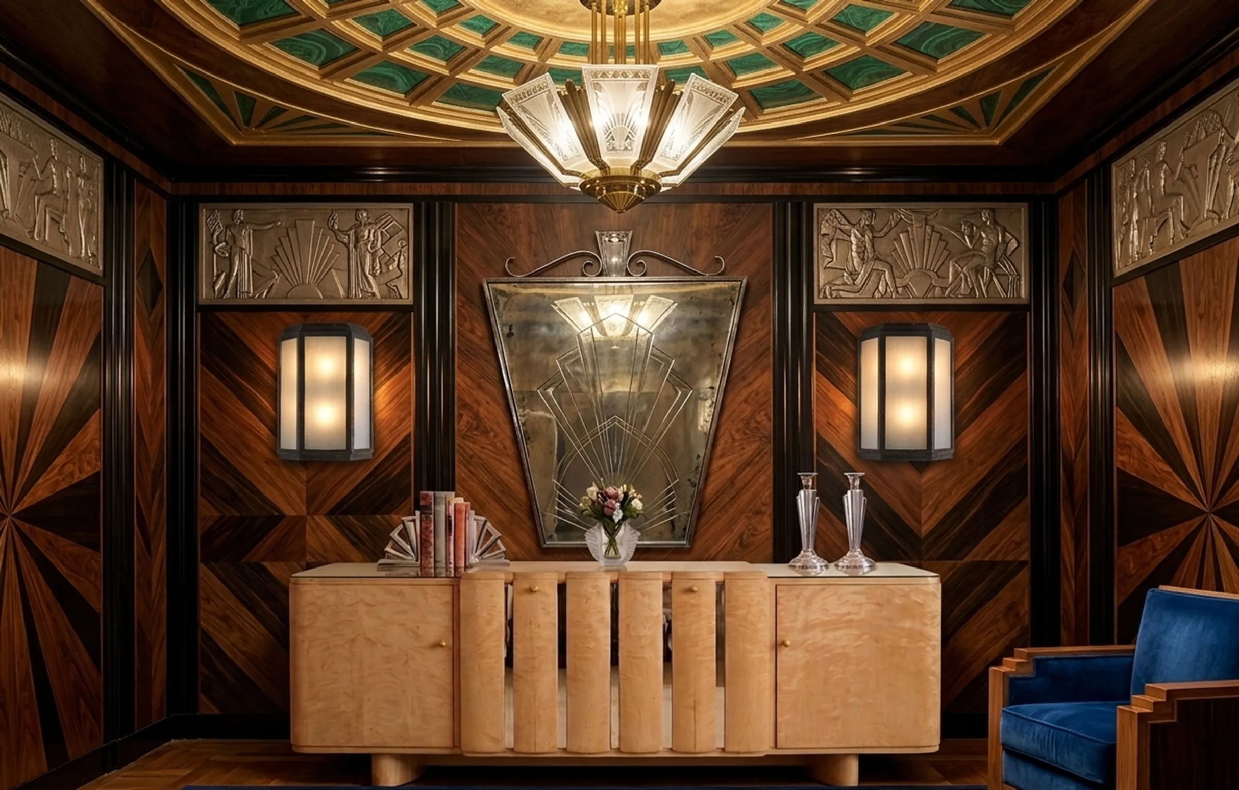 antique sideboard with decor and soft lighting