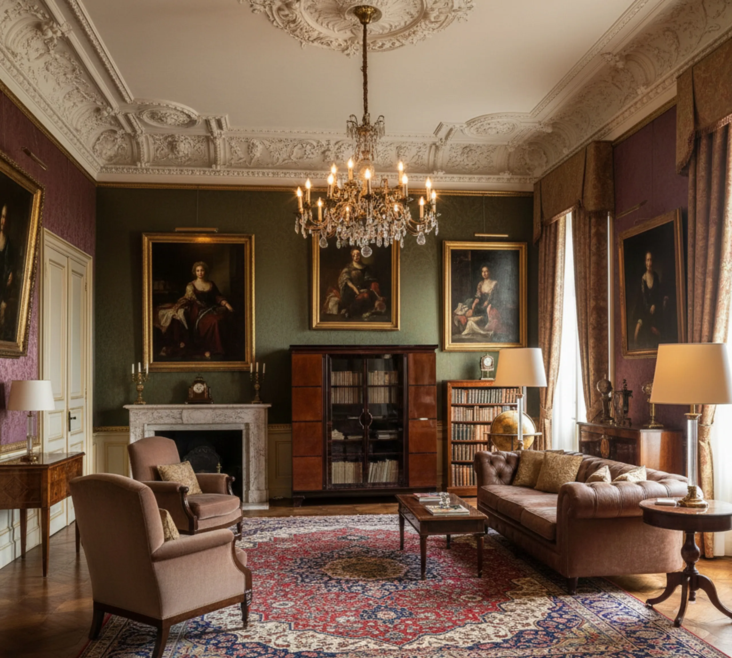 Biblioteca antigua con libros en estantes oscuros y arte clásico