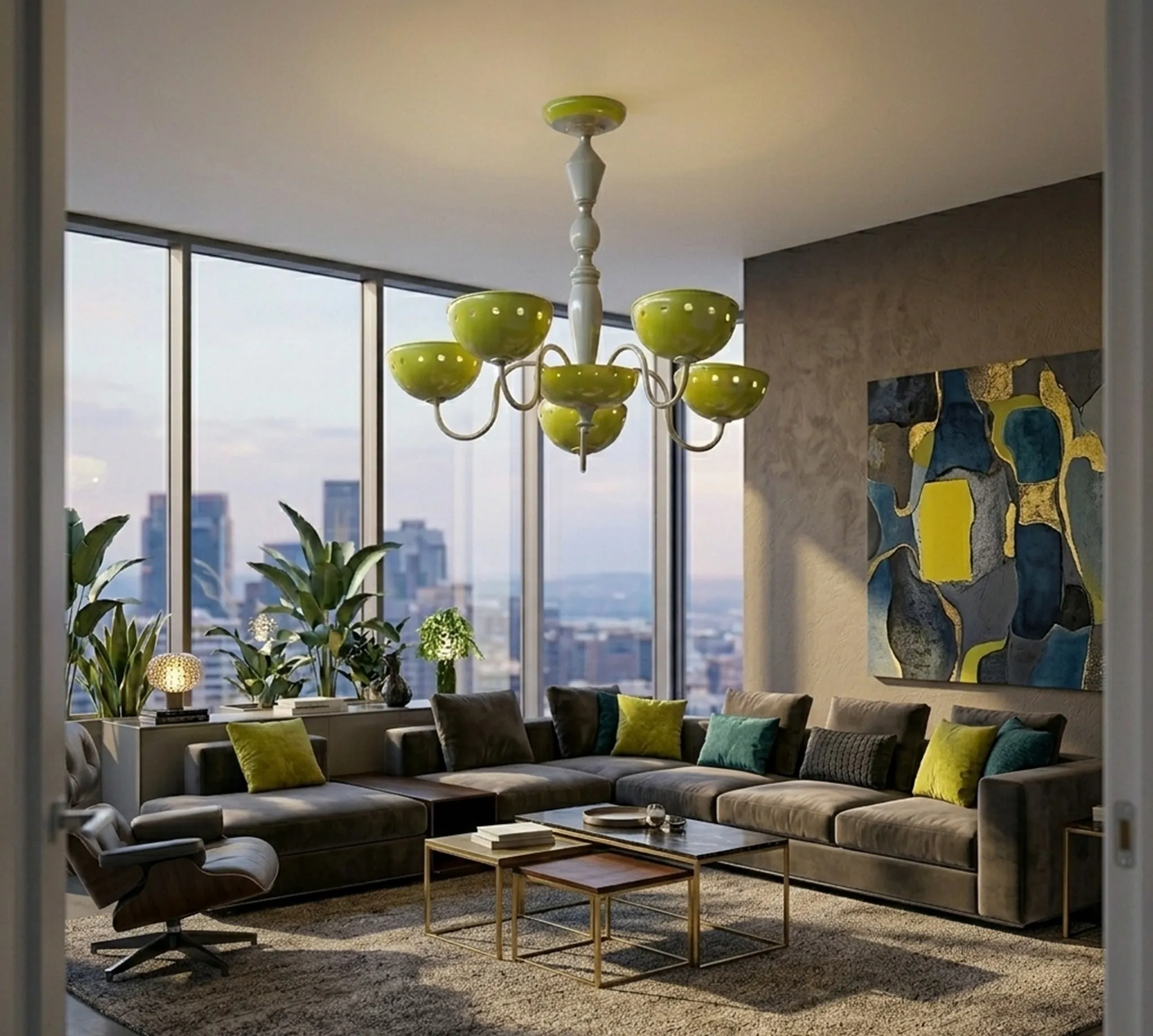 प्राचीन हरा लटकता हुआ दीपक एक आधुनिक कमरे में पौधों के साथ