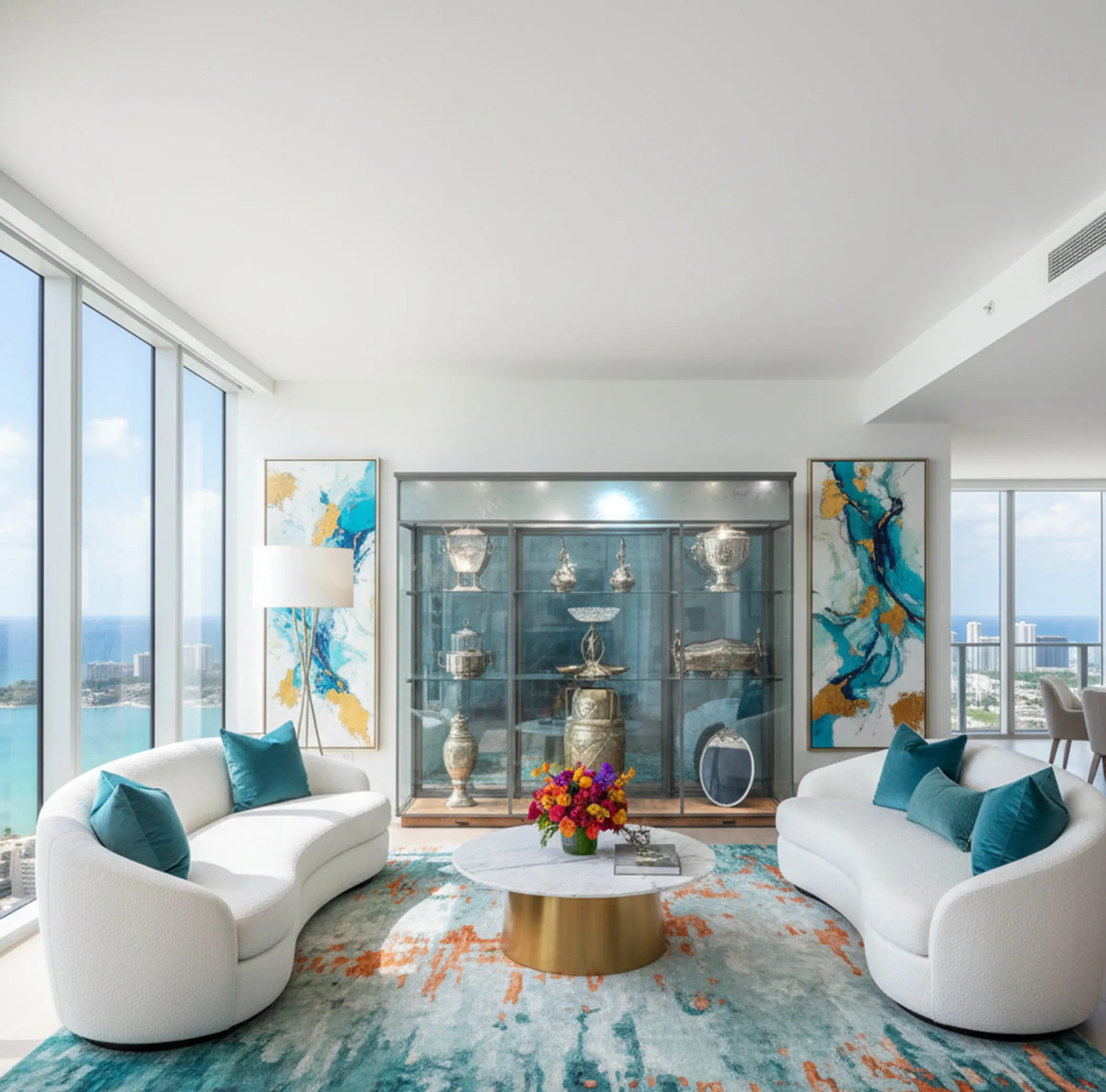 Vitrina antigua con colecciones en un entorno moderno, decorada con un jarrón de flores