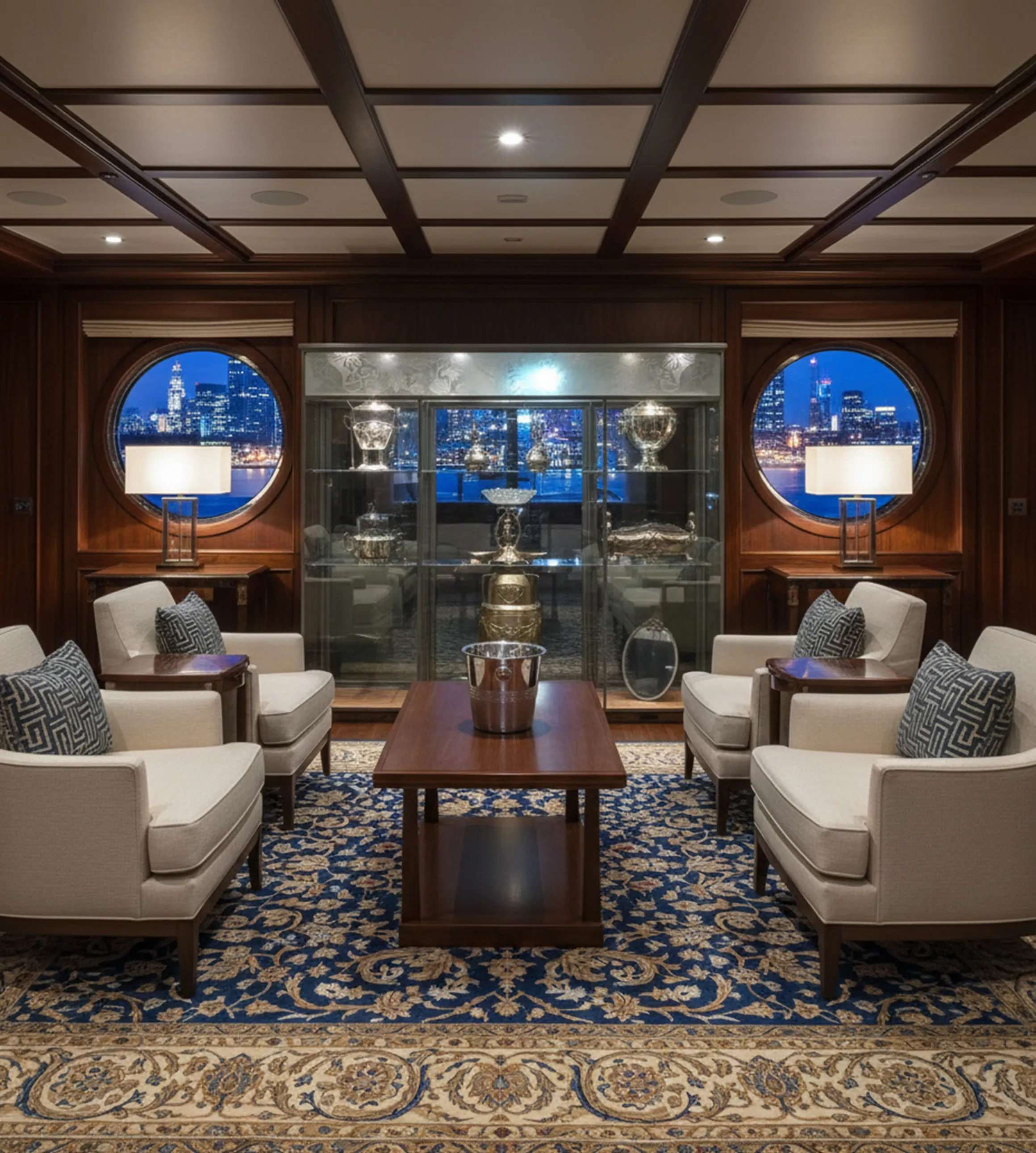 vitrina antigua con lámparas y sillones en un salón