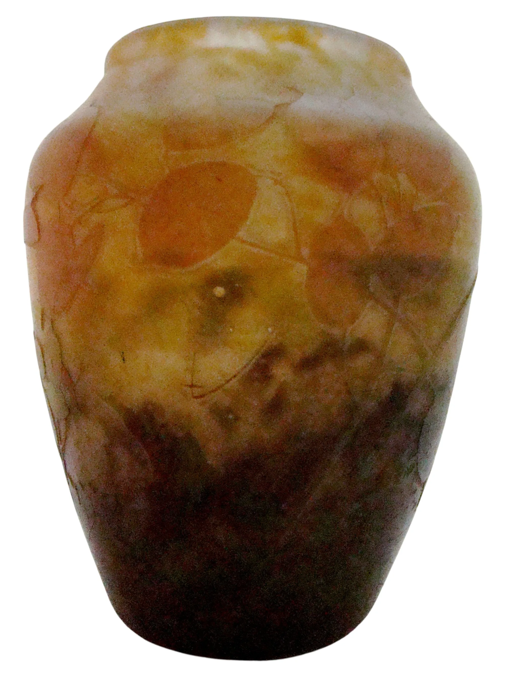 Vase mit warmen Farben, zarte florale Gravuren