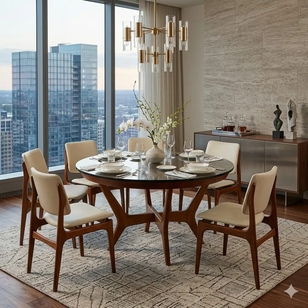 Antique dining table for 6 people in a modern setting.