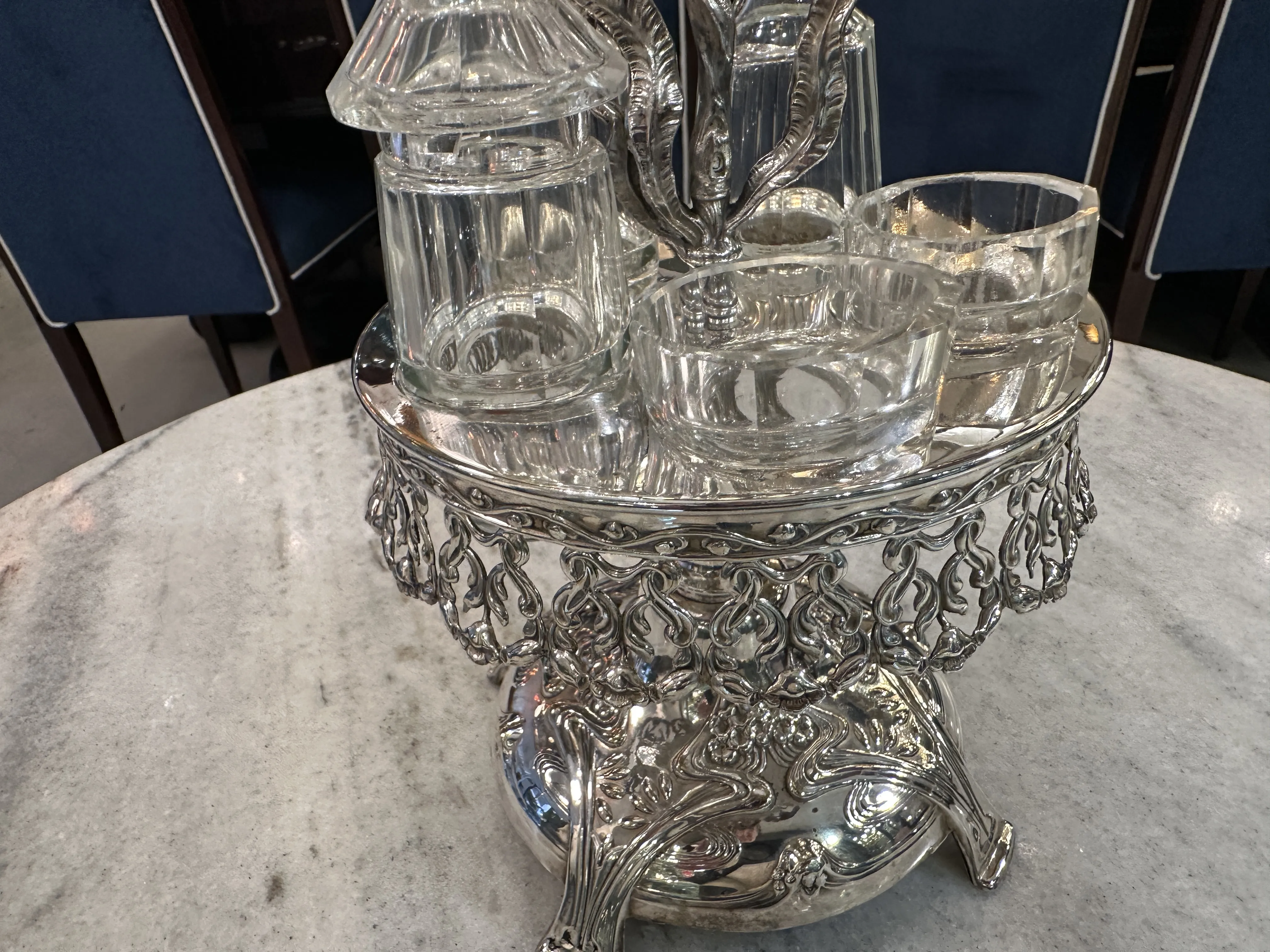 antique set with salt and pepper shakers and oil vinegar jars
