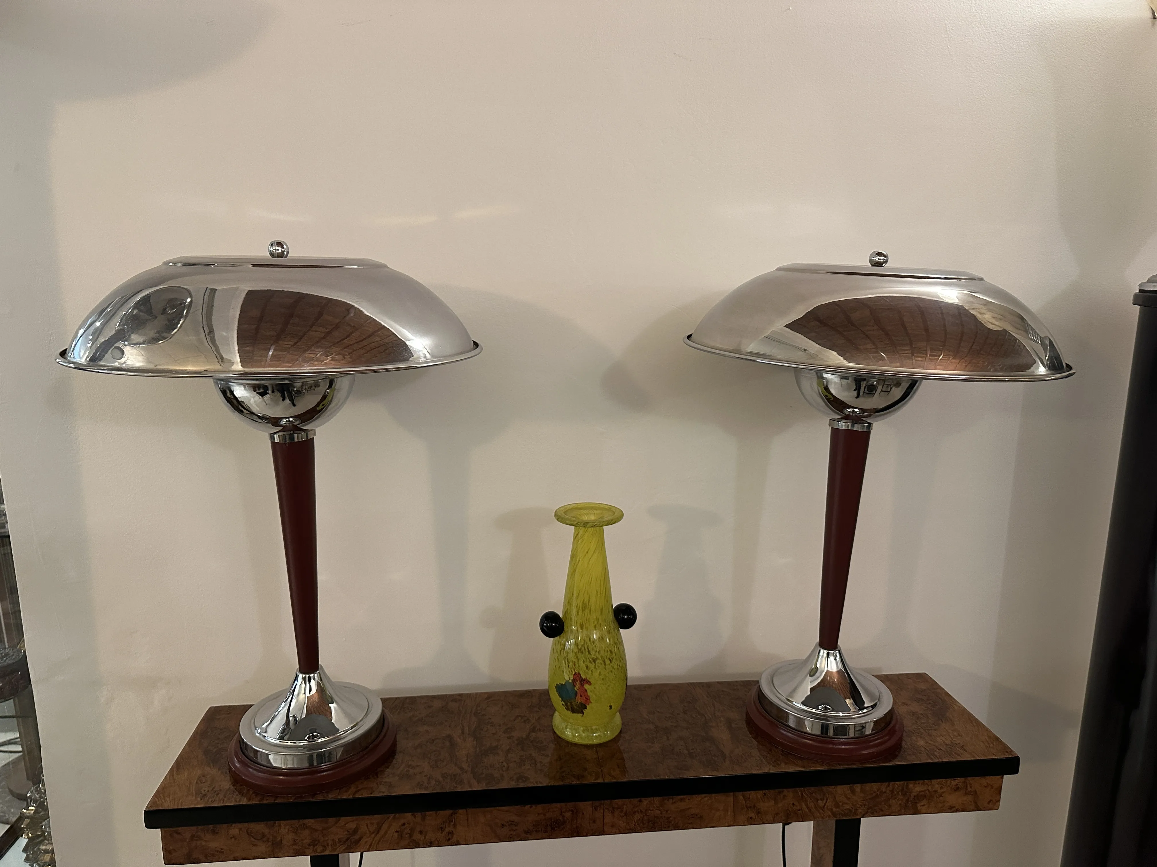 Antique lamp with signed glass base by Schneider and decorative metal shade.