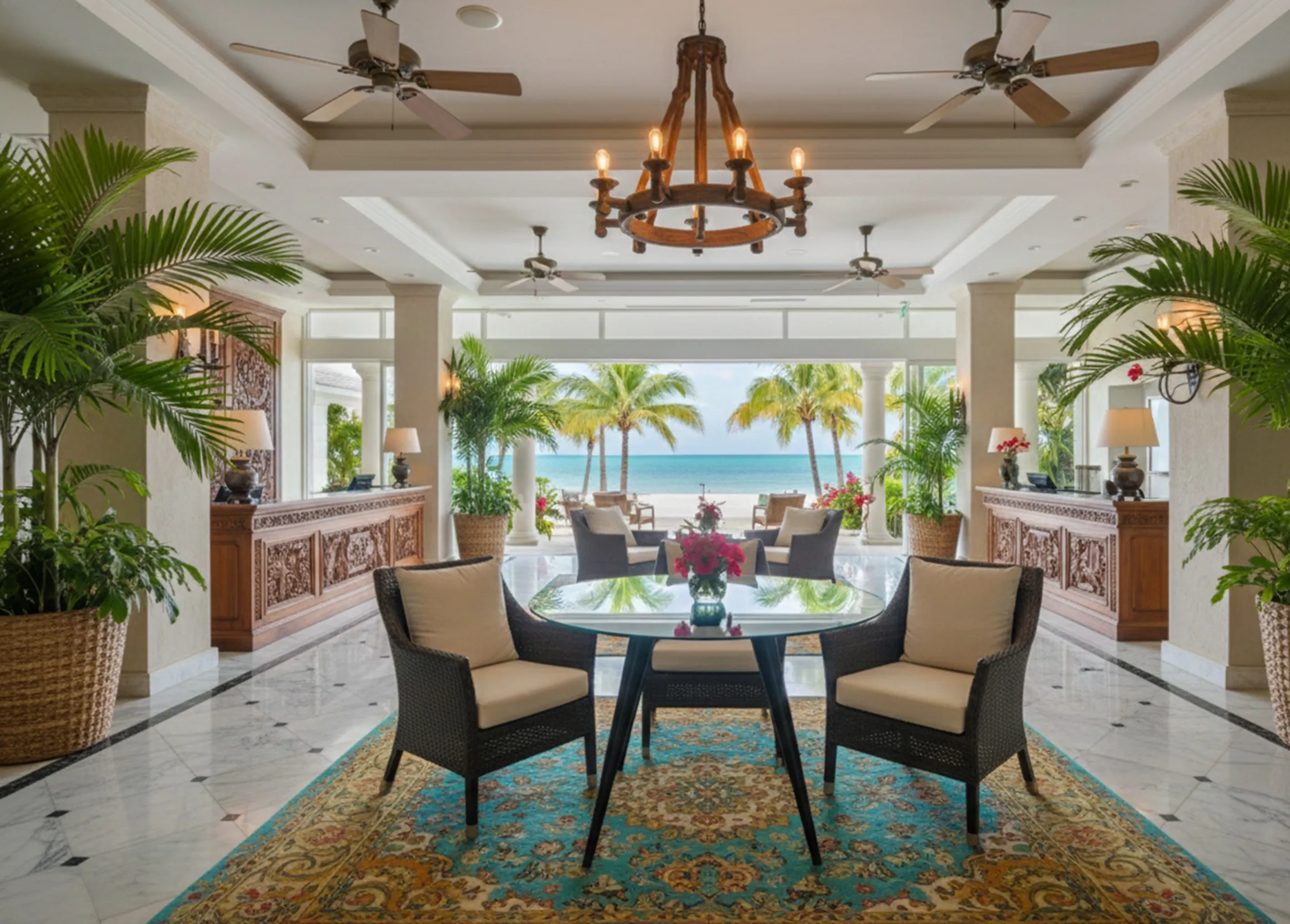 पुरानी खाने की मेज़ (4 लोग) एक उज्ज्वल समुद्र के किनारे के वातावरण में, कुर्सियों और पौधों के साथ।