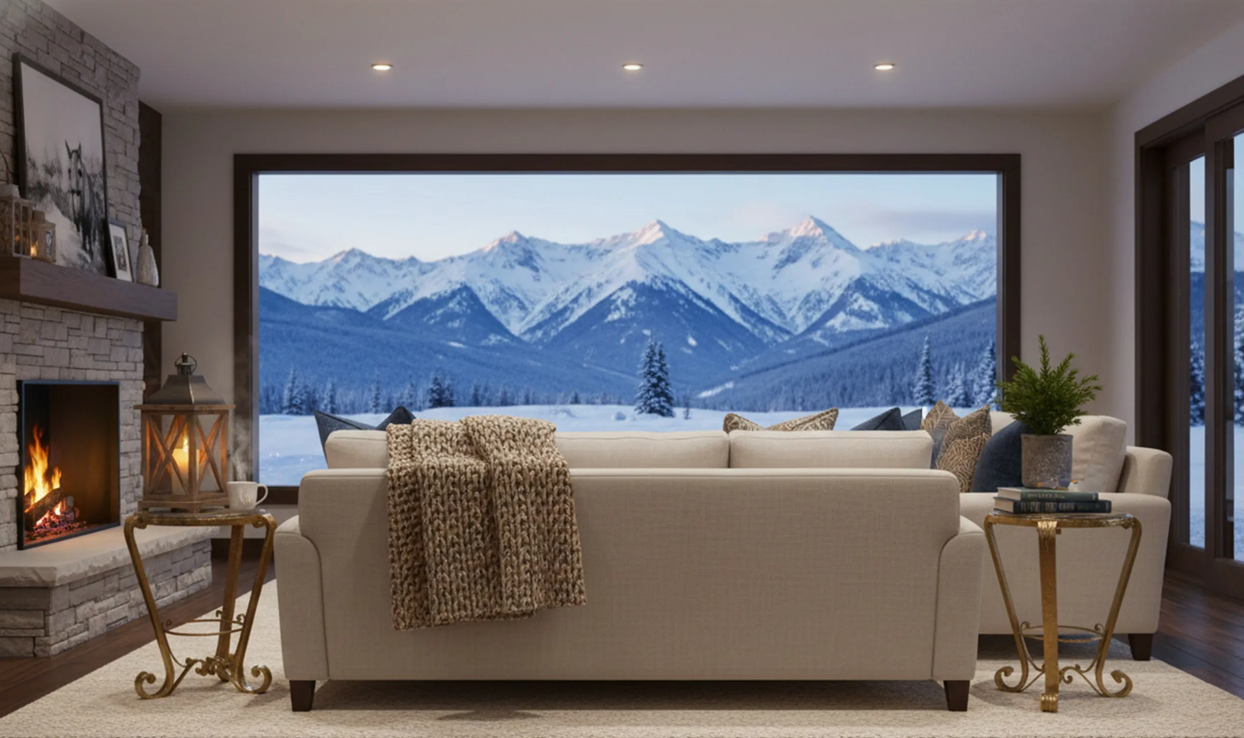 소파 옆의 2개의 고문 테이블이 따뜻한 환경에 있습니다