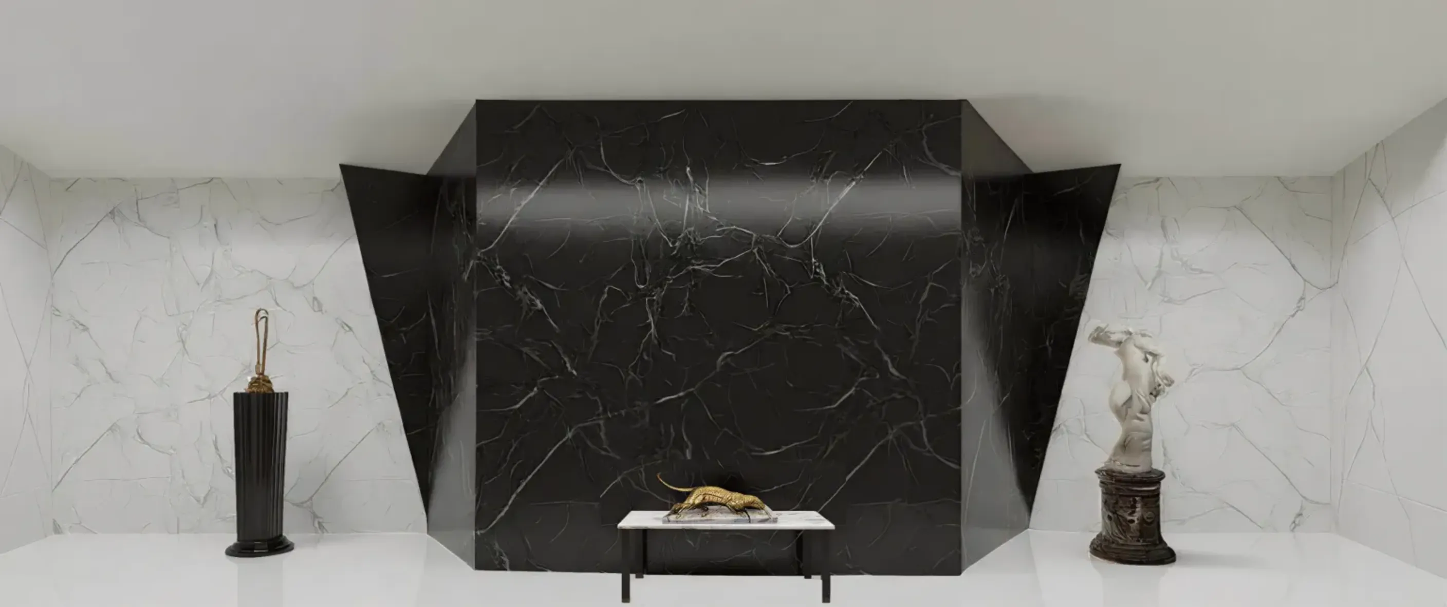 Colunas de canto antigas em uma sala moderna com decoração minimalista.