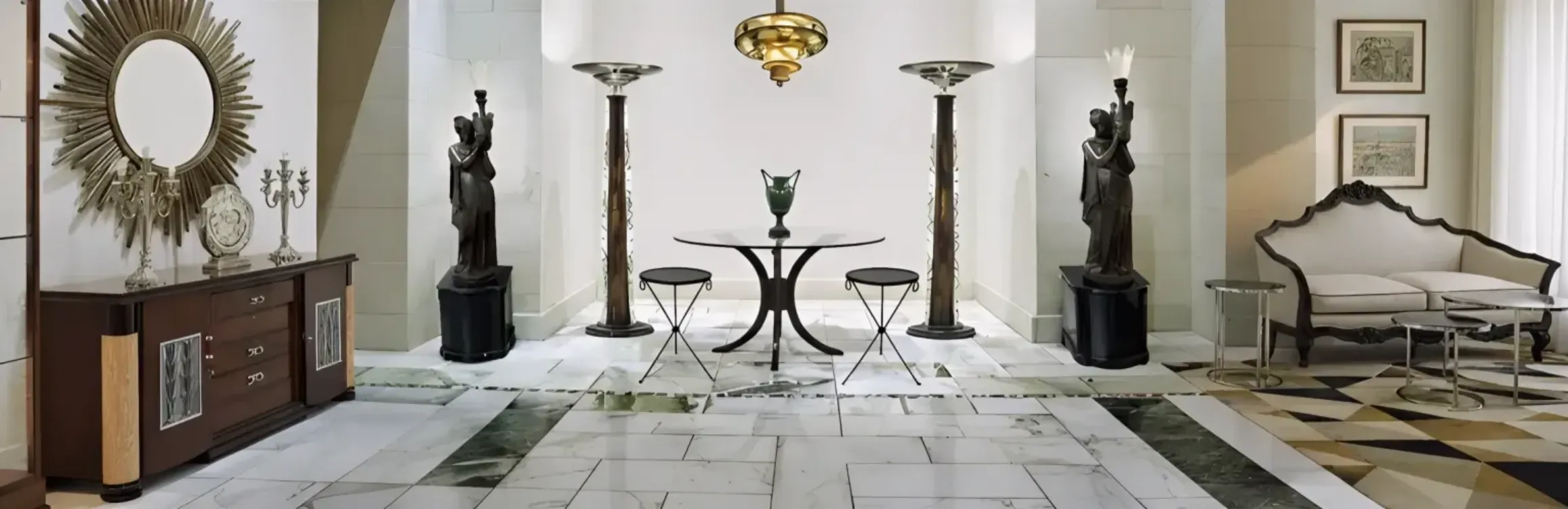 aparador moderno com acabamentos decorativos elegantes em um ambiente clássico