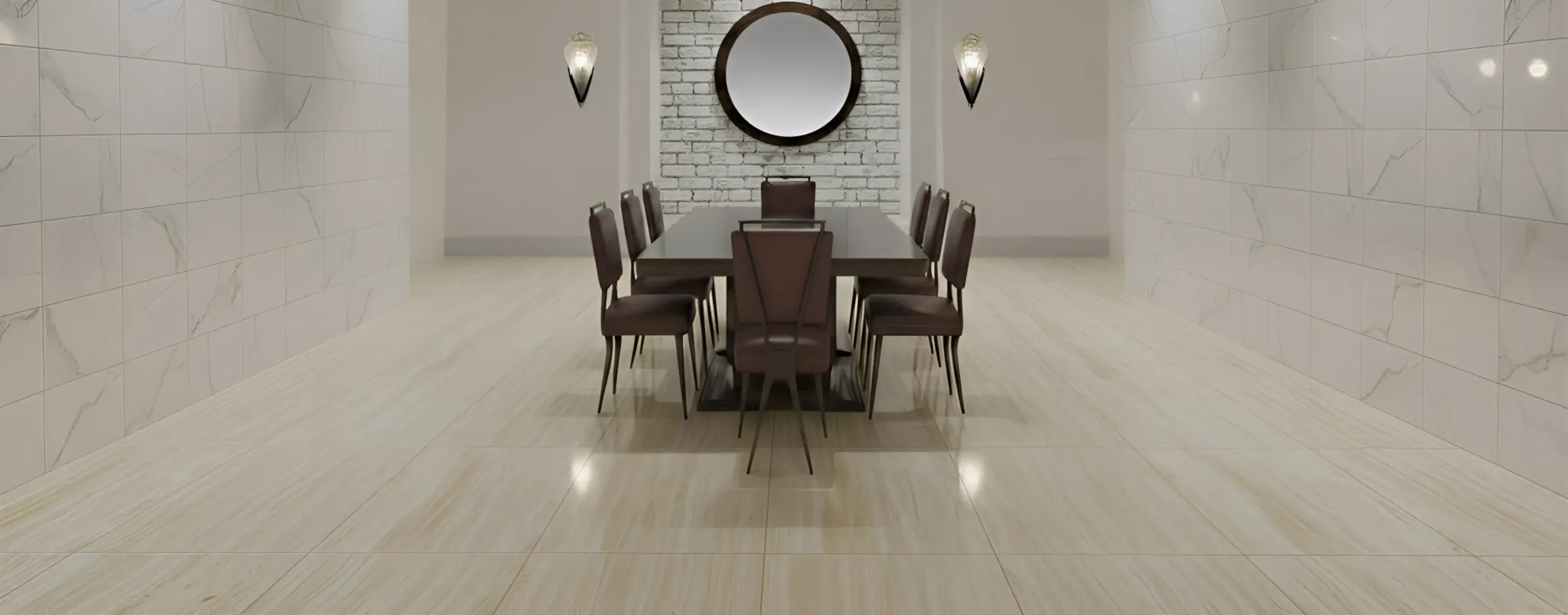 Espelho redondo decorativo na parede de tijolos brancos, com cadeira e mesa moderna.