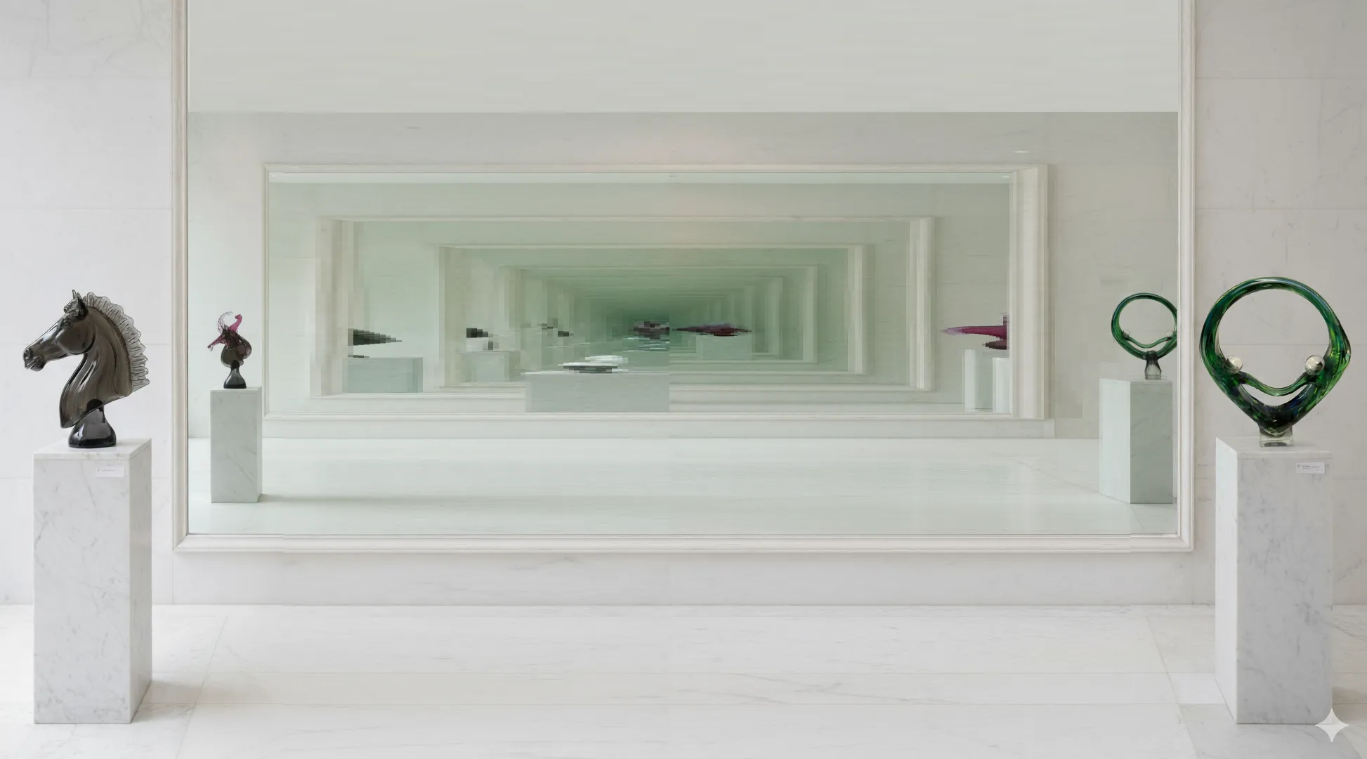 Esculturas modernas de Murano em ambiente minimalista com reflexos