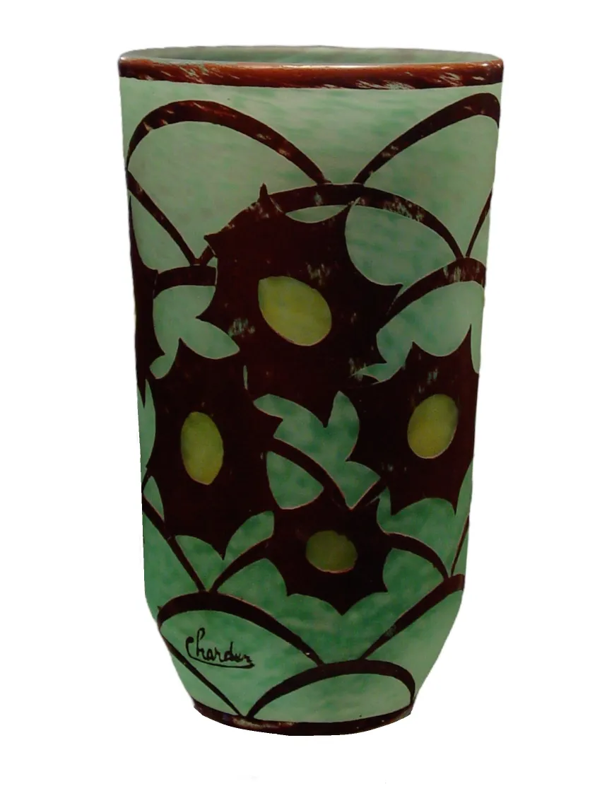 Glasvase mit floralem grünem Design, signiert von Charder.