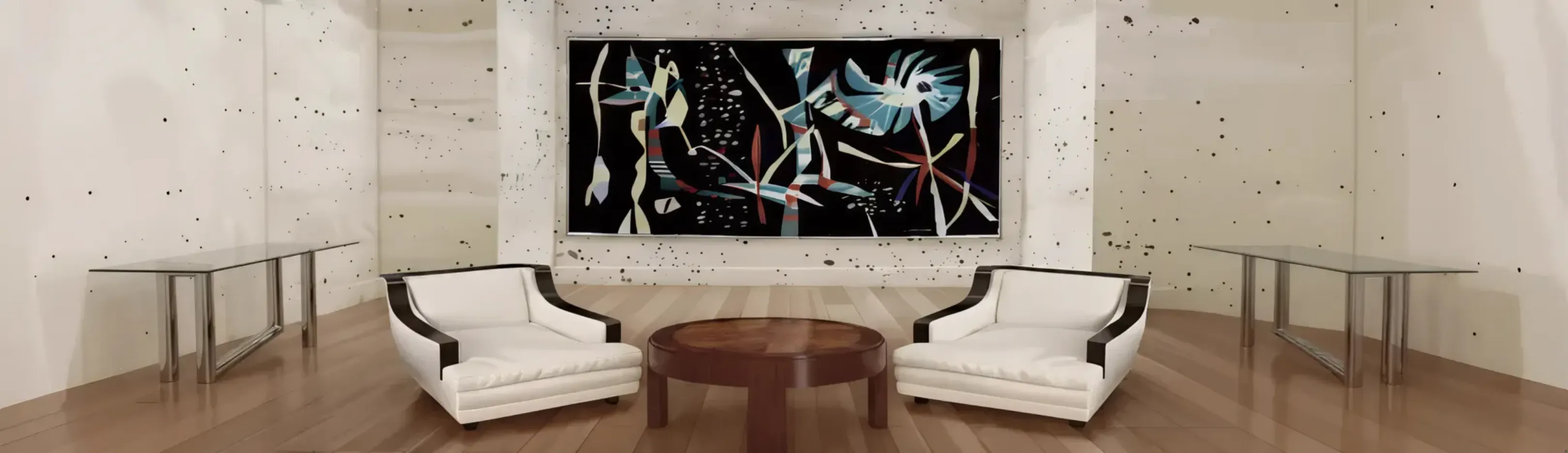 Moderne Tische mit minimalistischer Gestaltung in einem eleganten Ambiente, begleitet von weißen Stühlen und einem Kunstwerk.