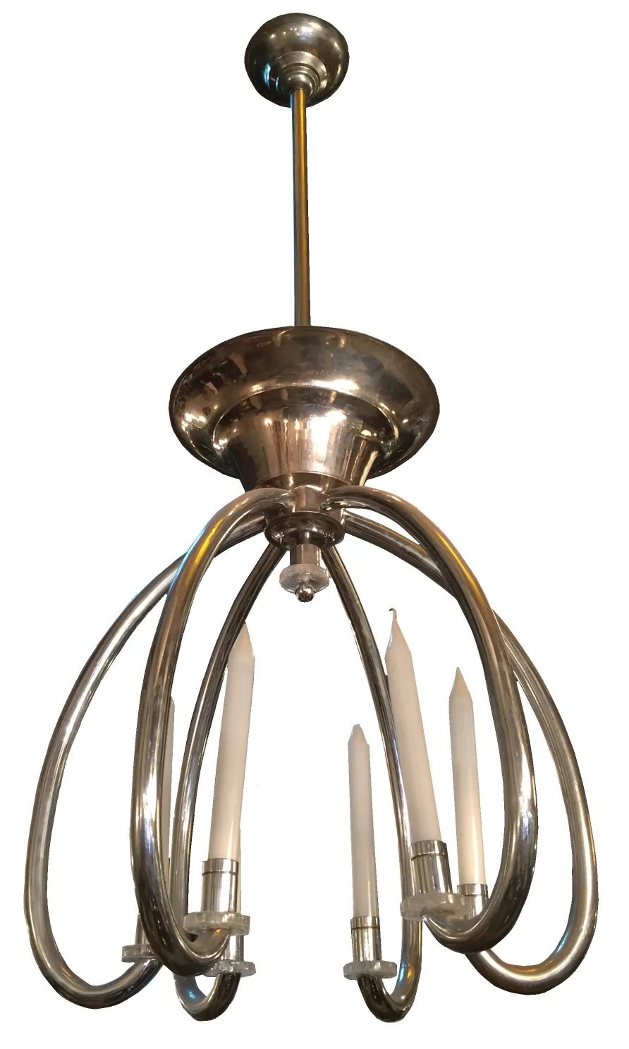 Antique hanging lamp with candle bases and curved design