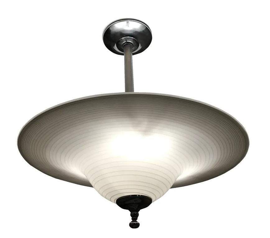 Antique hanging lamp with white wavy shade, perfect for decor.