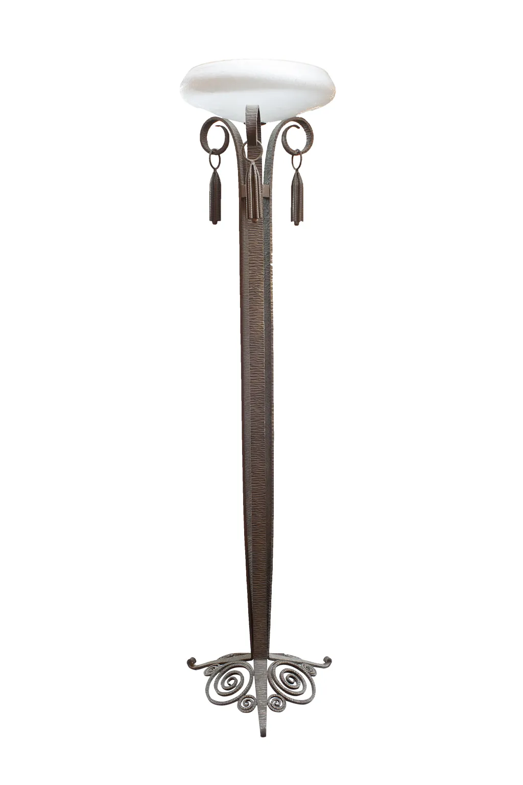 Antique floor lamp with intricate design and decorative accents.