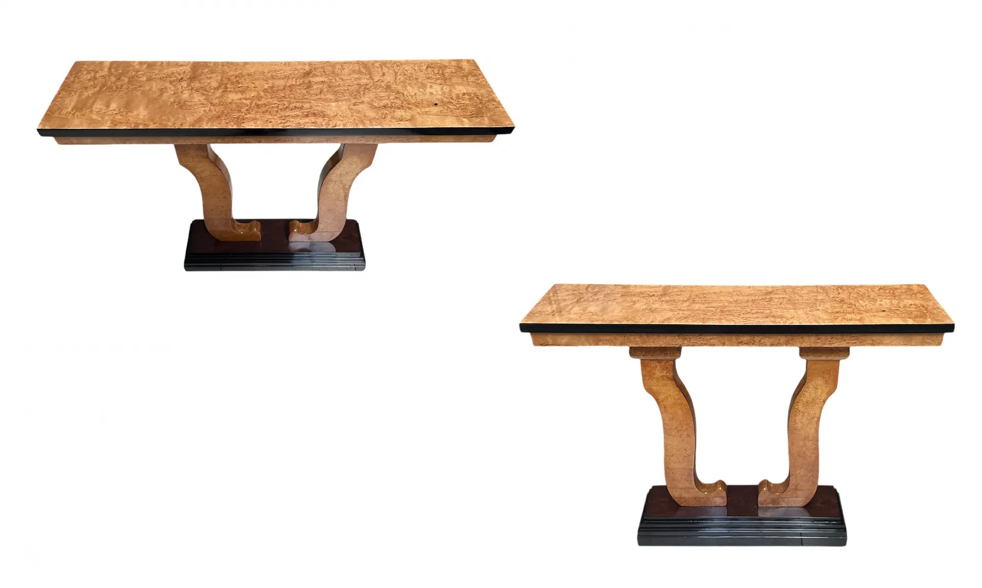 View of two antique consoles with elegant design and distinctive legs in a neutral setting.