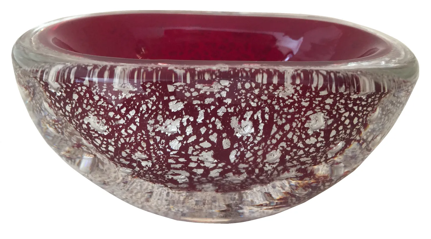 antique murano glass bowl with red and silver details
