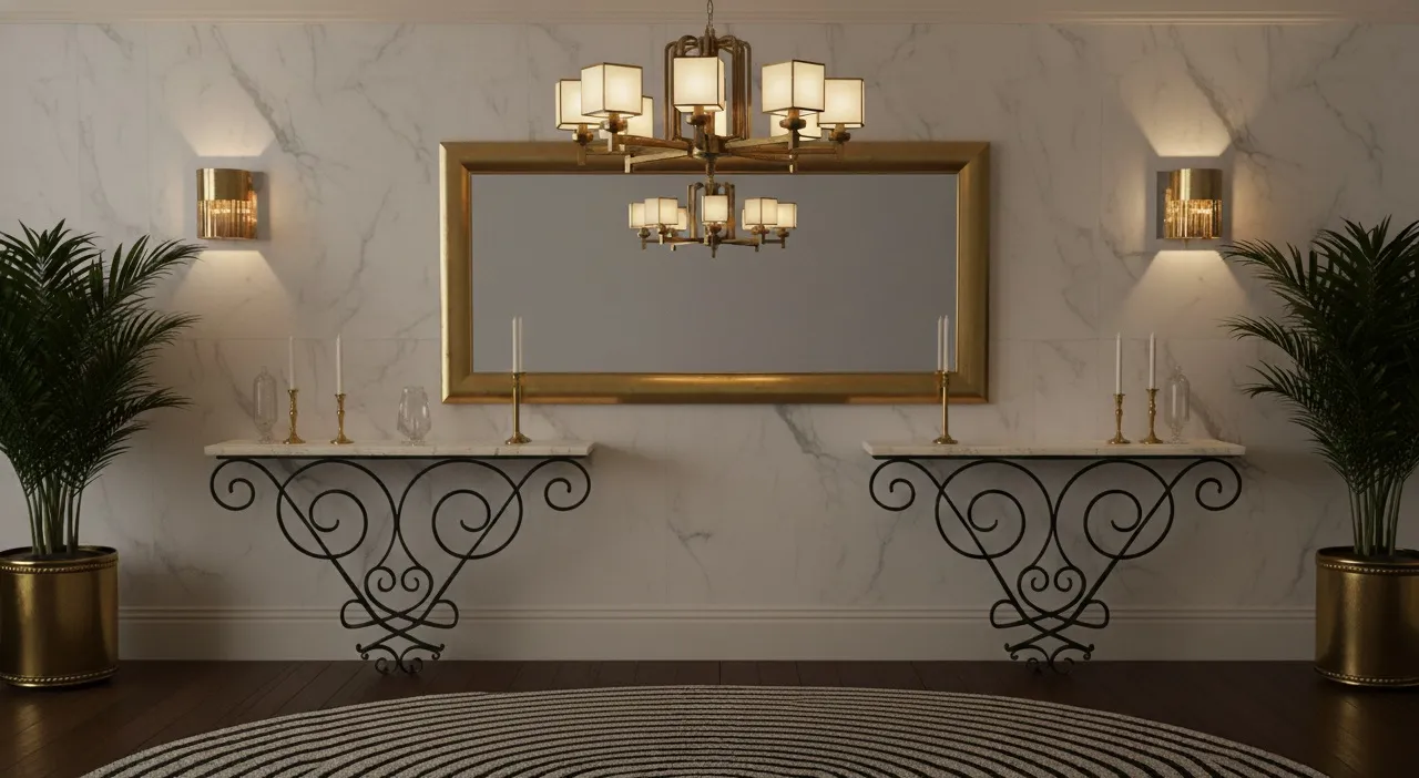 Two antique consoles with candelabras and a golden mirror