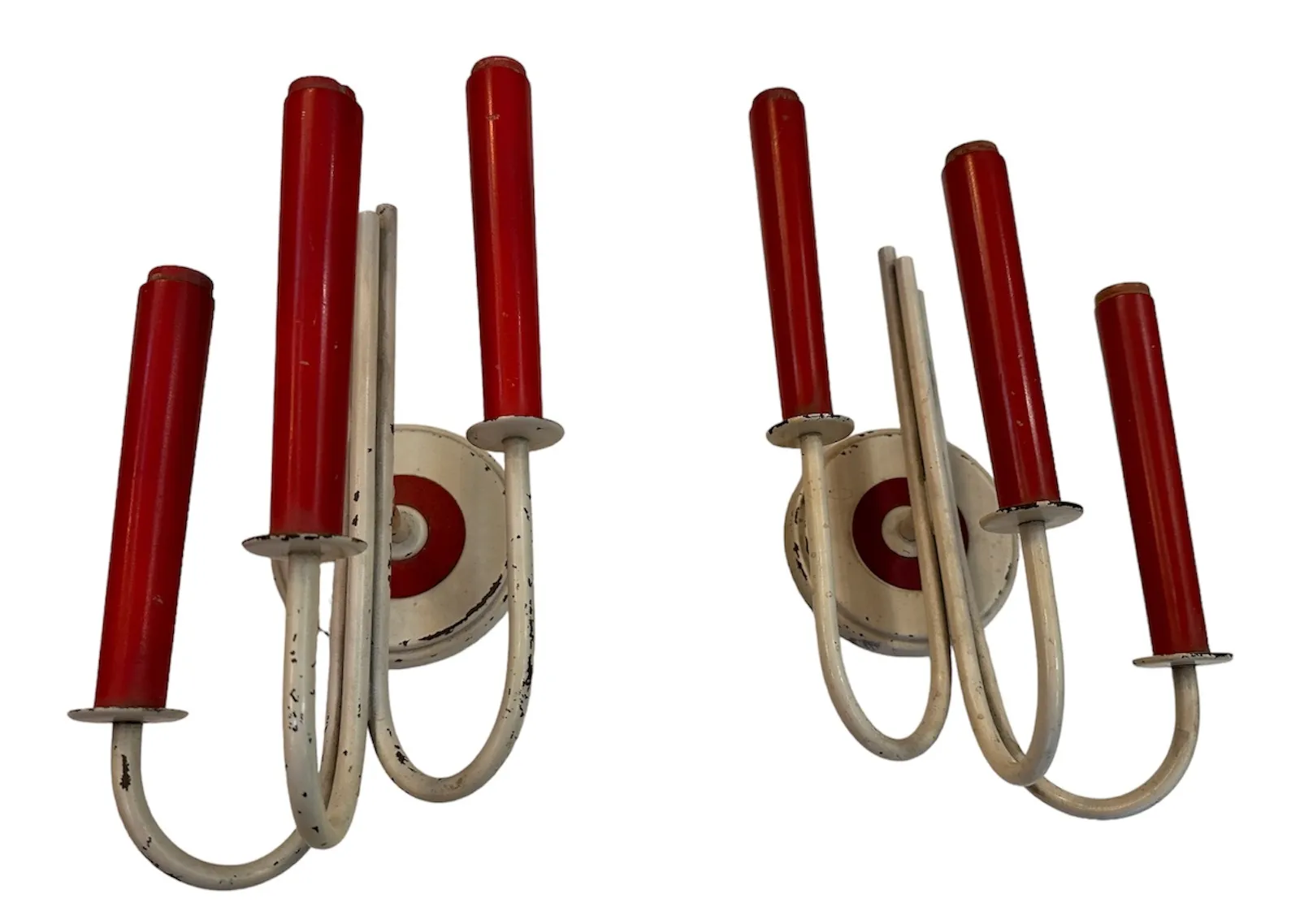 Antique pair of sconces featuring red tube details, designed by Jean Royère.