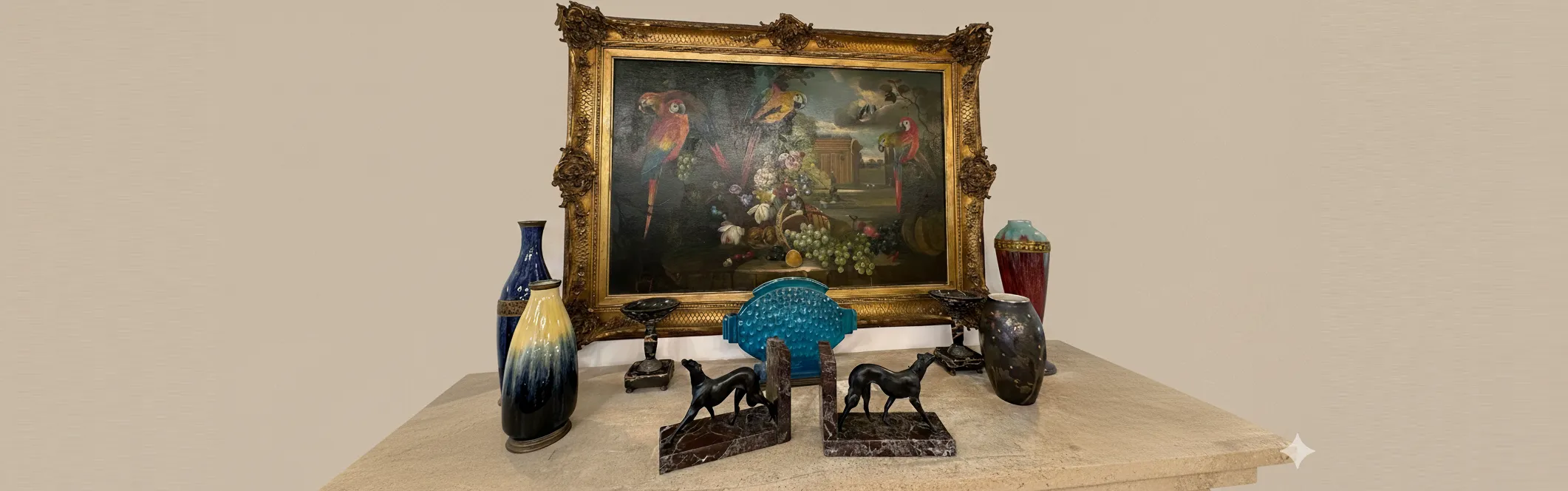 Set of antique decorative bookends on a table with artwork.
