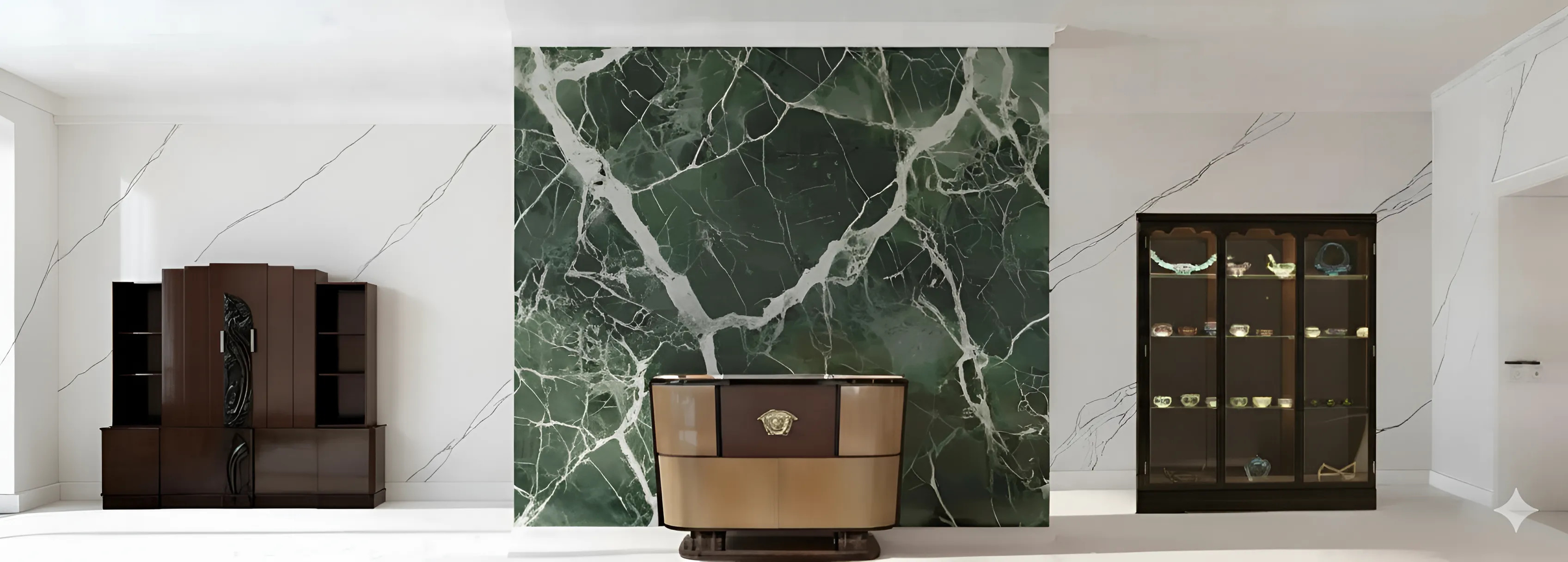 Modern library featuring stylish display cases in a minimalist setting.