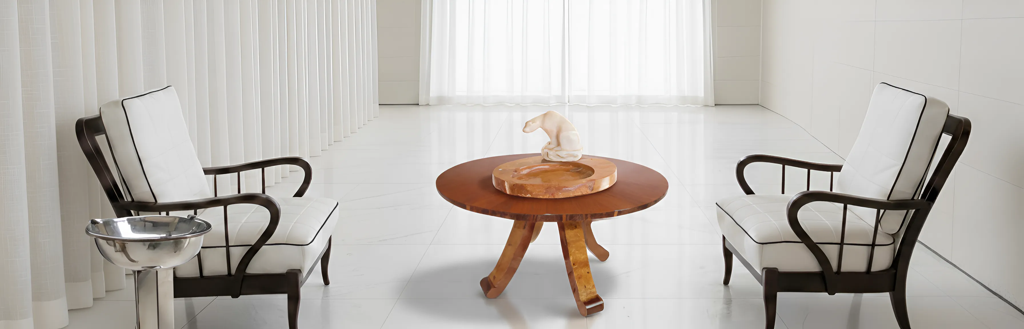 Set of white chairs and wooden table for smokers, stylish and modern.