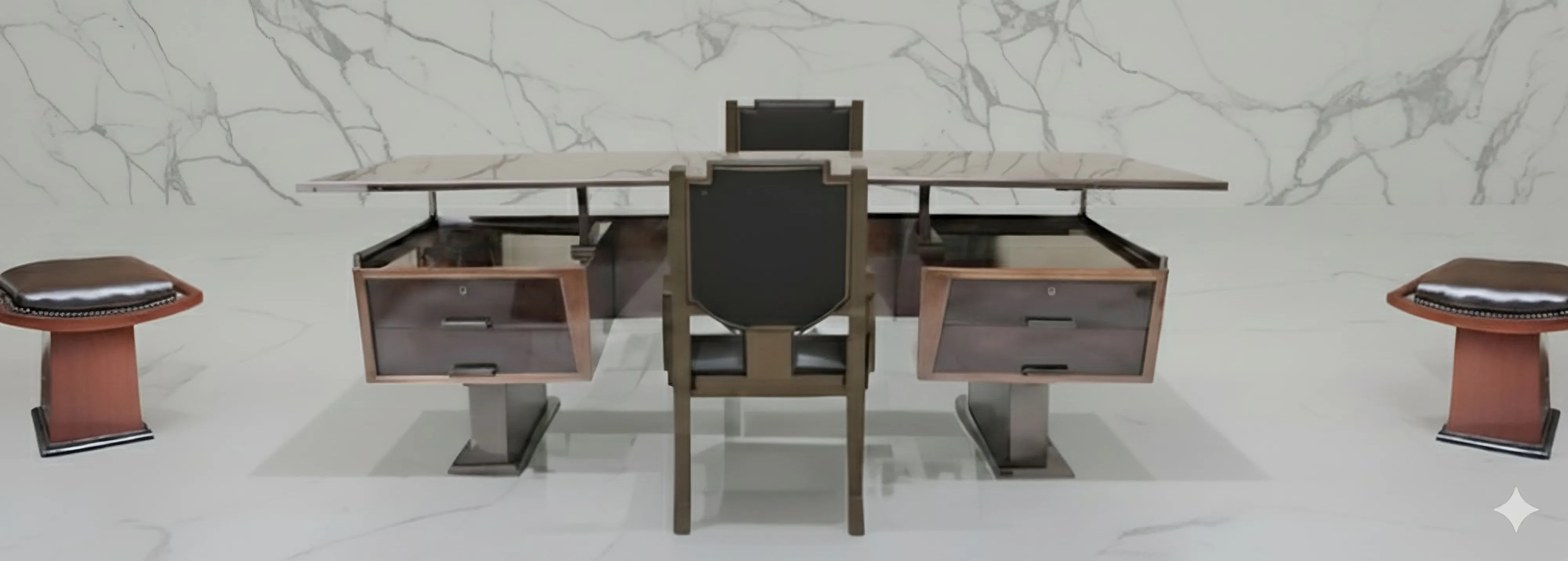 Modern office chair paired with stylish stools in a chic setting.