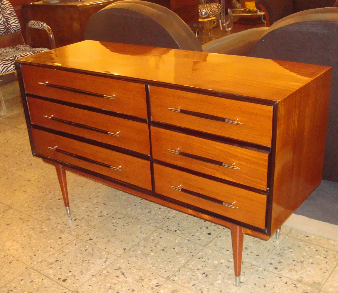 Antique wooden cabinet with six drawers and metal handles