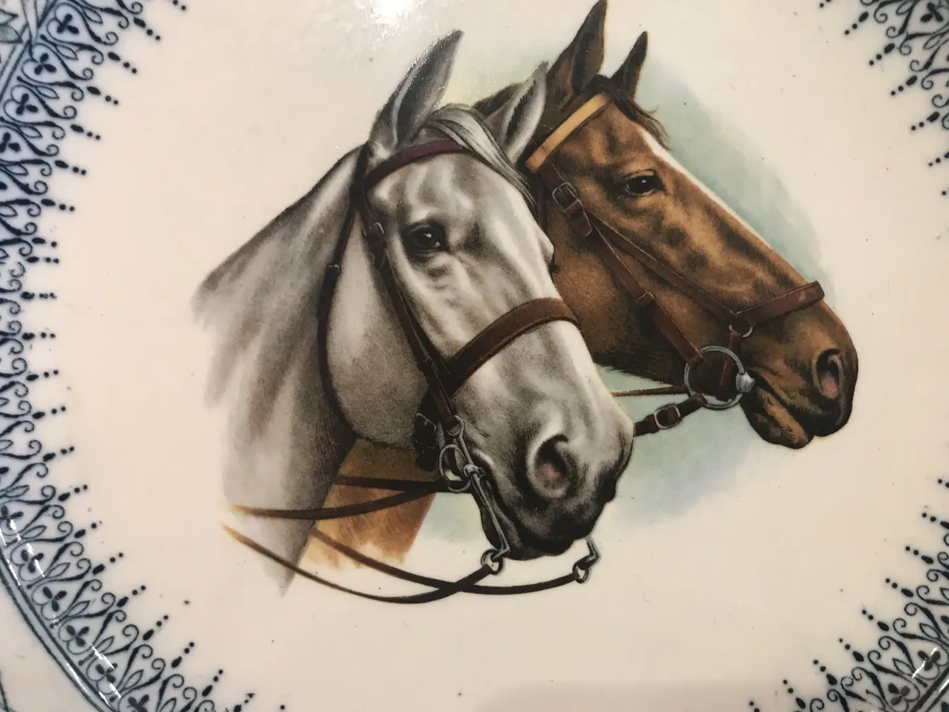 Plato de cerámica antigua con cabezas de caballo. Detalles azules.