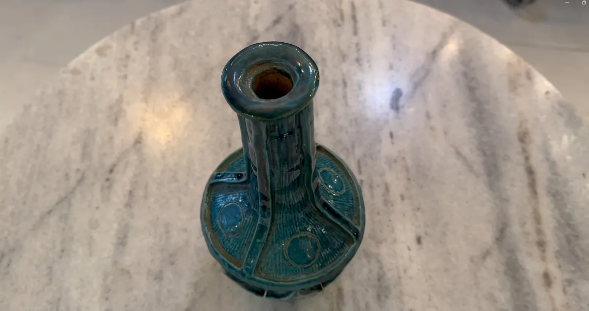 Aerial view of an antique decorative blue ceramic with details