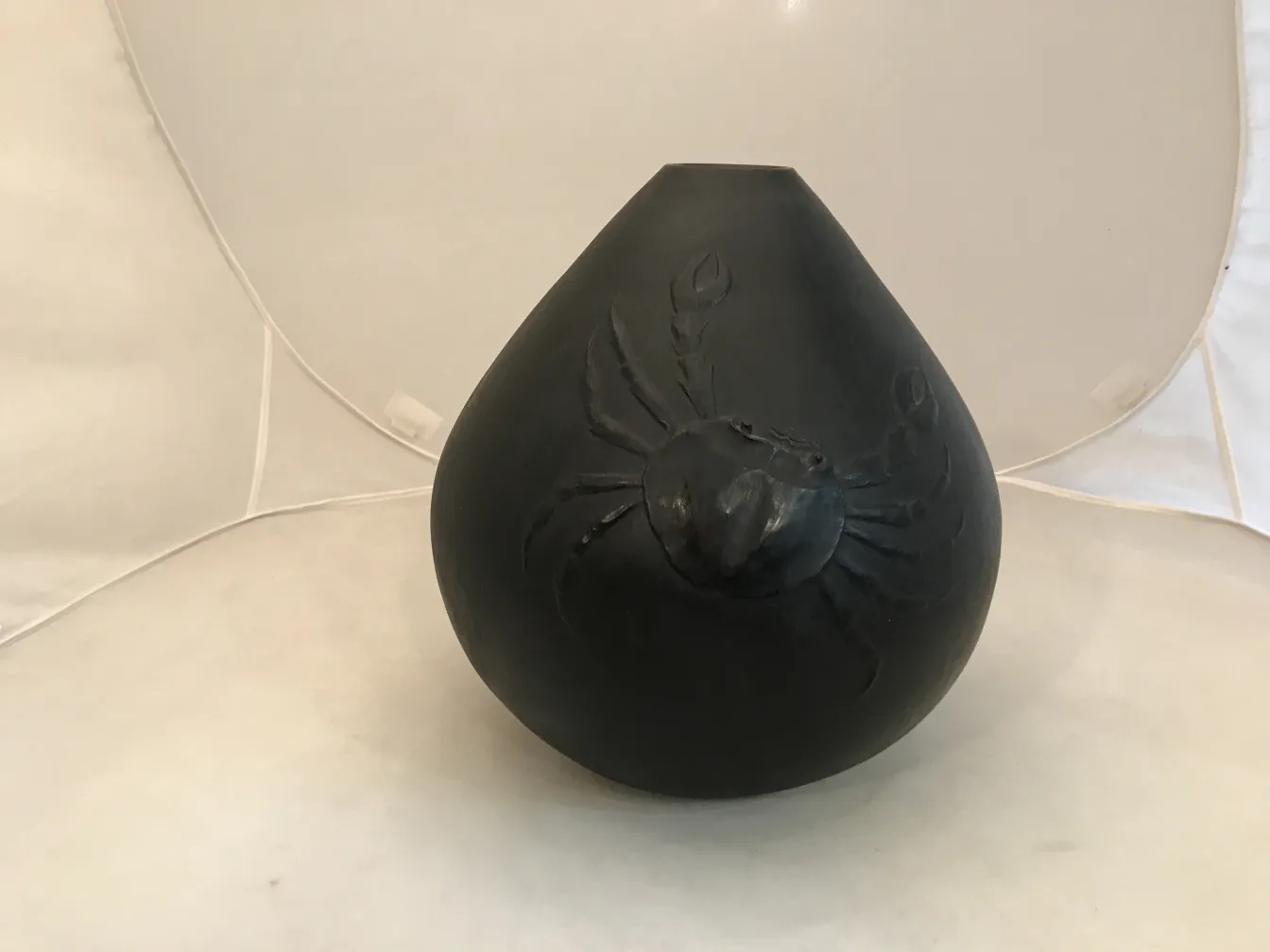 Ancient ceramic vase with spider relief, white background