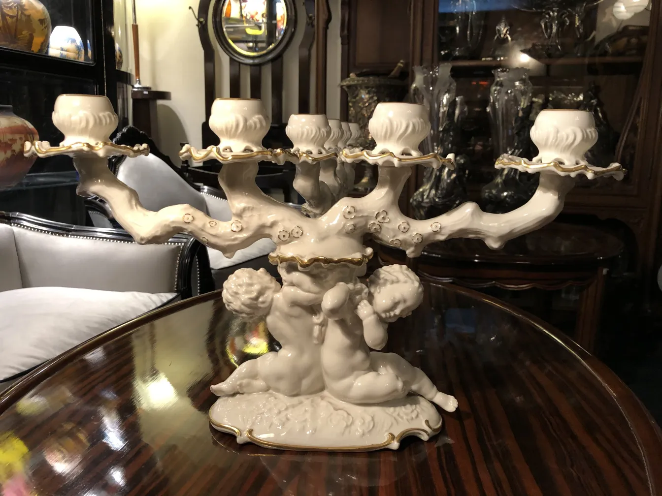 Candelabro antiguo de cerámica Hutschenreuther Selb con figuras de niños