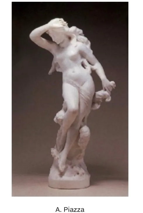 scultura antica bianca di A. Piazza con figura femminile