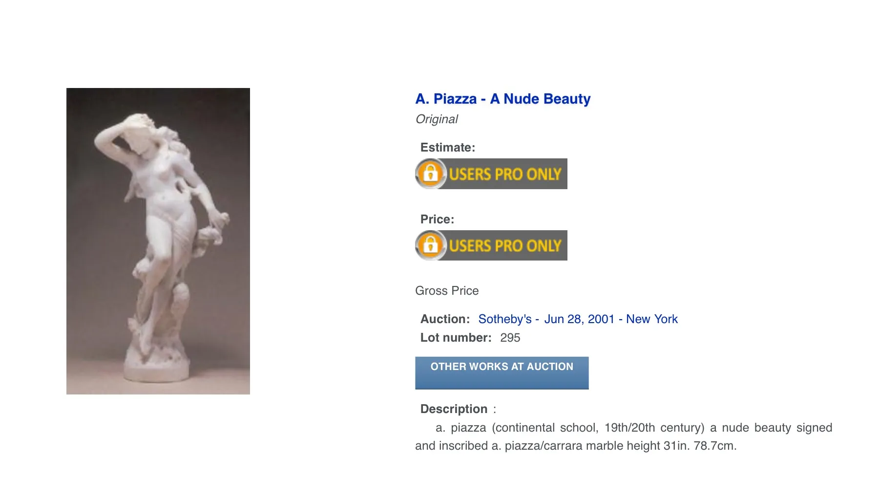 antike skulptur von a. piazza, weibliche figur mit feinen details in neutralem umfeld