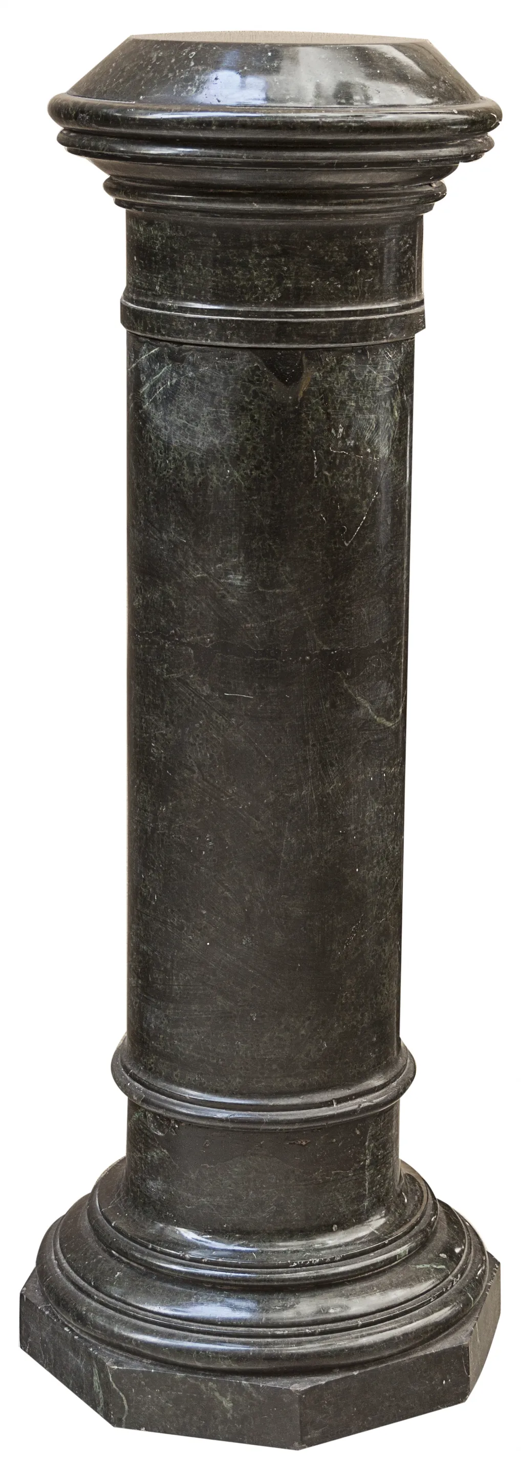 Antike dekorative Säule in Schwarz mit Basis.