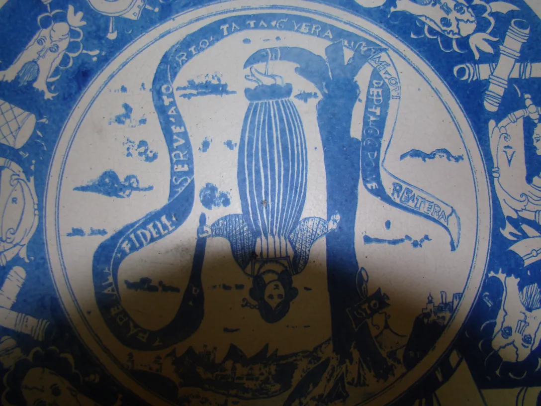 Antique ceramic plate featuring blue design