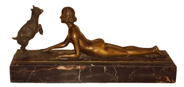 ancient sculpture by joseph d'aste with female figure and goat