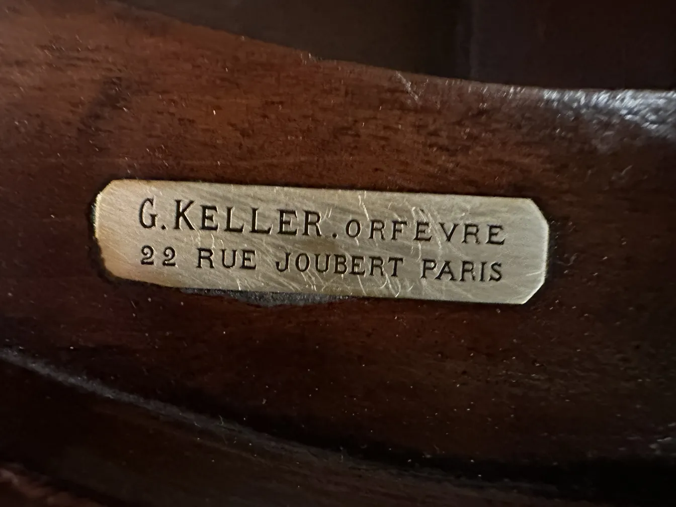 Antique desk with G. Keller label, Paris. Metal details.