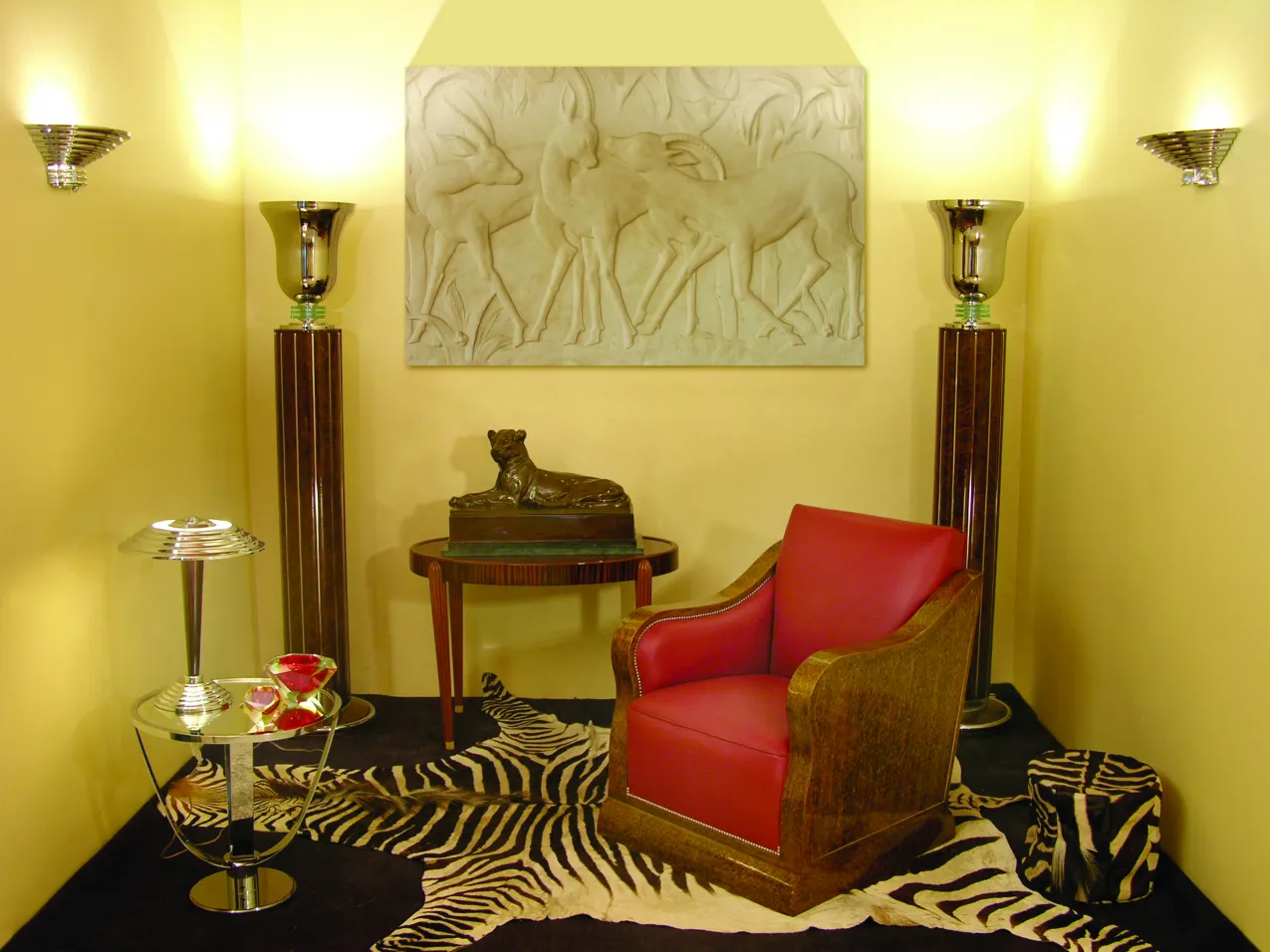 antique relief sculpture featuring deer details