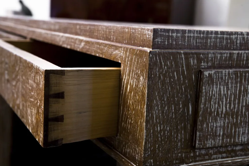 Close-up view of an antique desk featuring an open drawer, highlighting its unique design