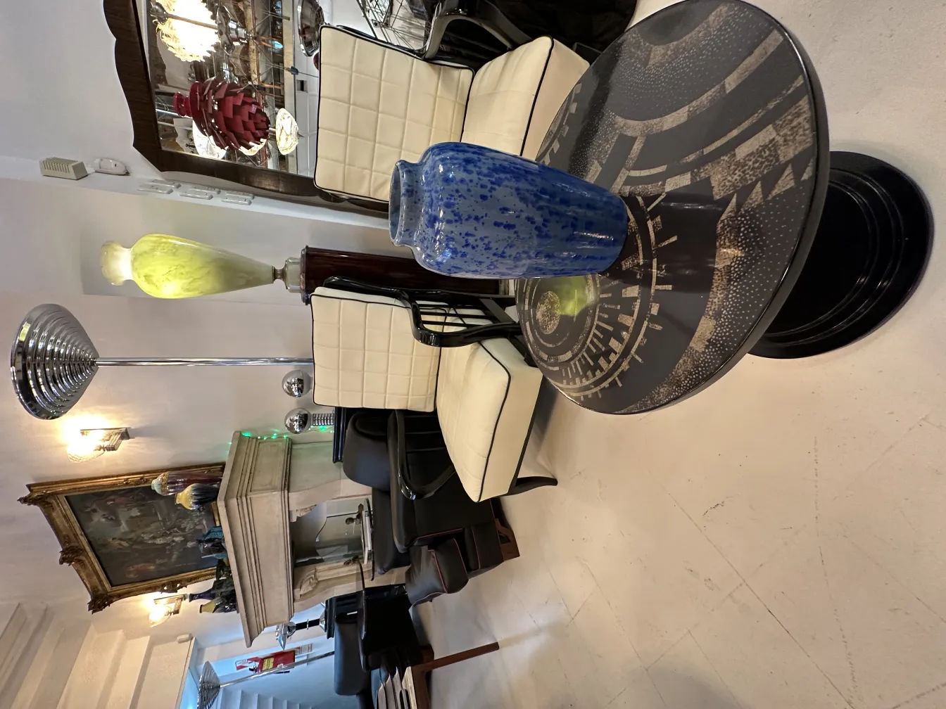 Decorative antique ceramic vase, blue color, dark background