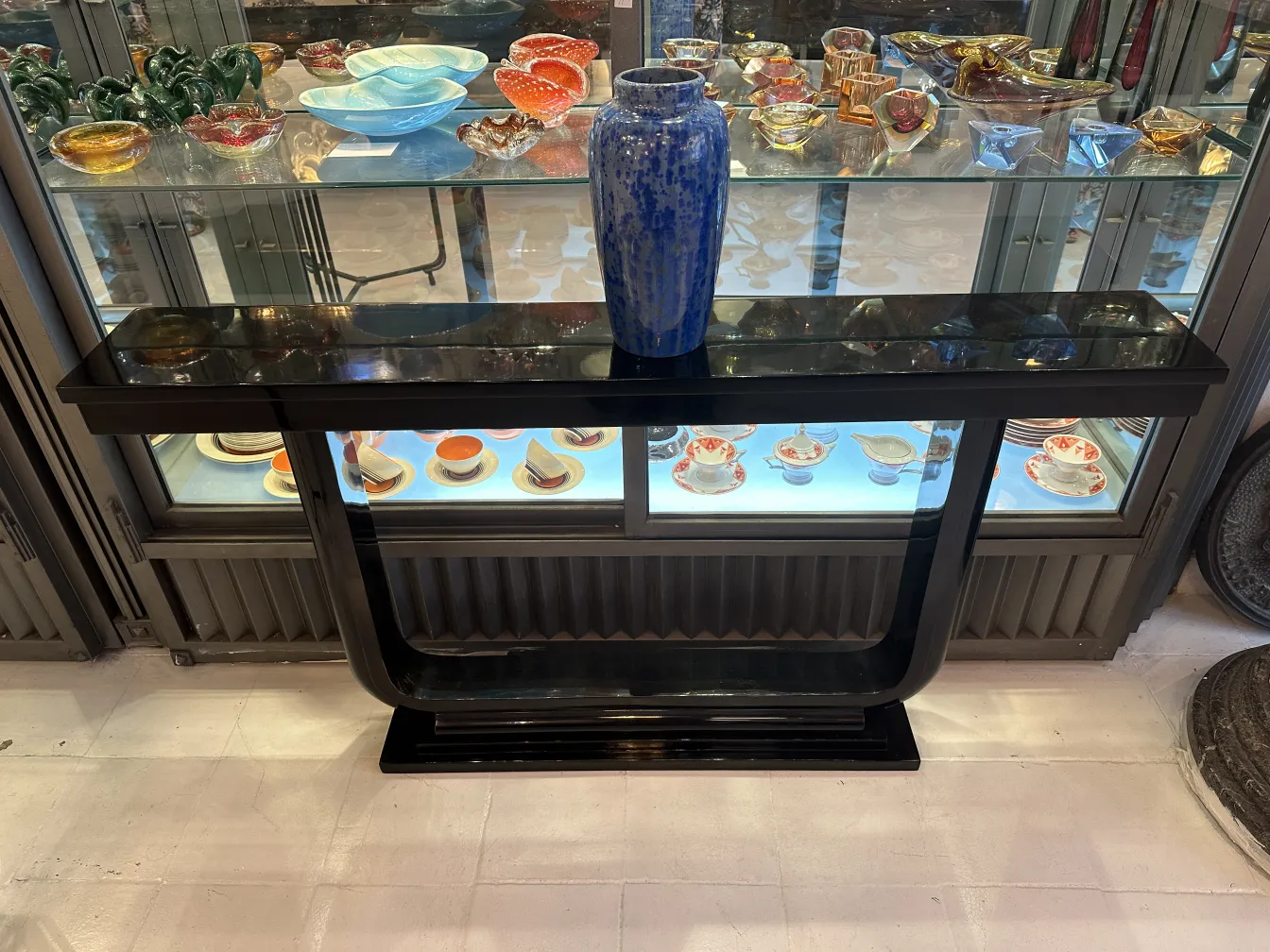 antique blue ceramic vase with embossed design