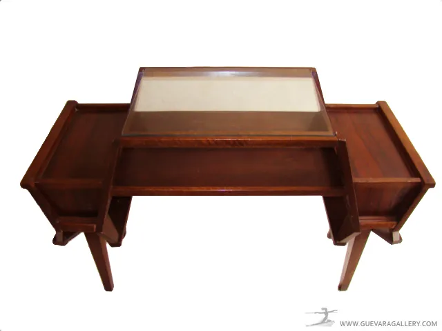 Bureau en bois ancien avec finition brillante et plateau en verre